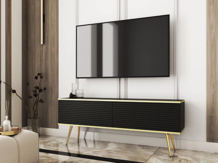 TV-Lowboard mit Türen 135 cm Diolo Schwarz mit geriffelter Vorderseit auf goldenen Beinen