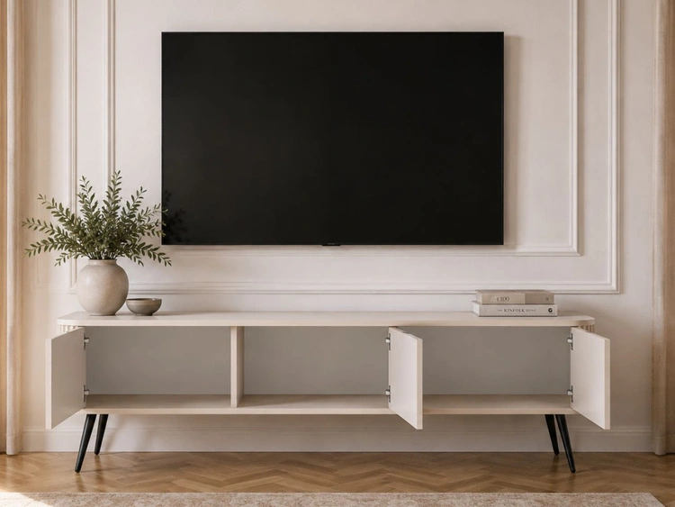 TV-Lowboard mit Türen Viva Beige auf Schwarzen Beinen