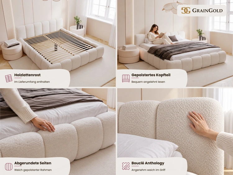 Polsterbett ohne Bettkasten mit Lattenrost 120x200 Cloud Low aus Bouclé-Stoff Grau