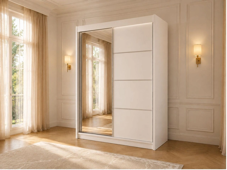 Schiebetürenschrank mit Spiegel 150 cm mit LED-Beleuchtung Portel Weiß
