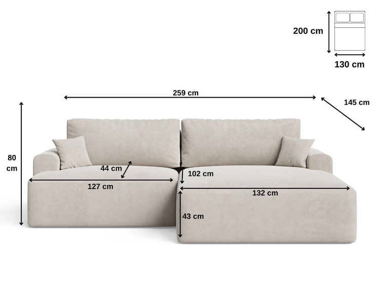 Ecksofa L-Form mit Schlaffunktion und Bettkasten Serene Rechts Beige