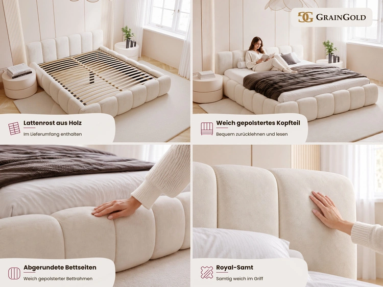 Polsterbett ohne Bettkasten mit Lattenrost 180x200 Cloud Low aus Samtstoff Beige