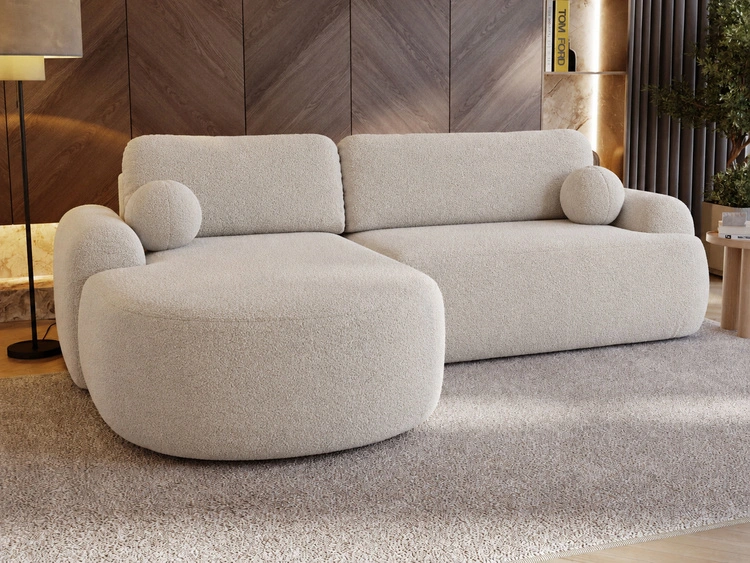 Ecksofa L-Form Links mit Schlaffunktion und Bettkasten Aurio Creme