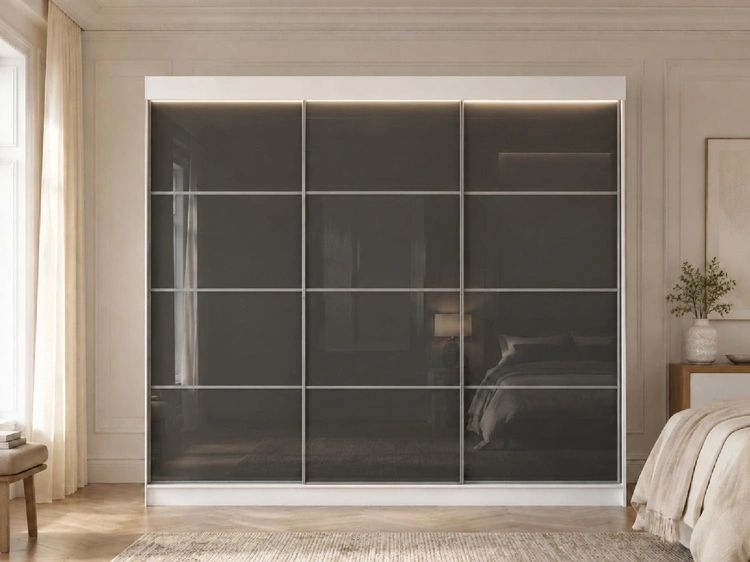 Schiebetürenschrank mit Sprossen 250 cm mit LED-Beleuchtung Ponti Weiß, Grau