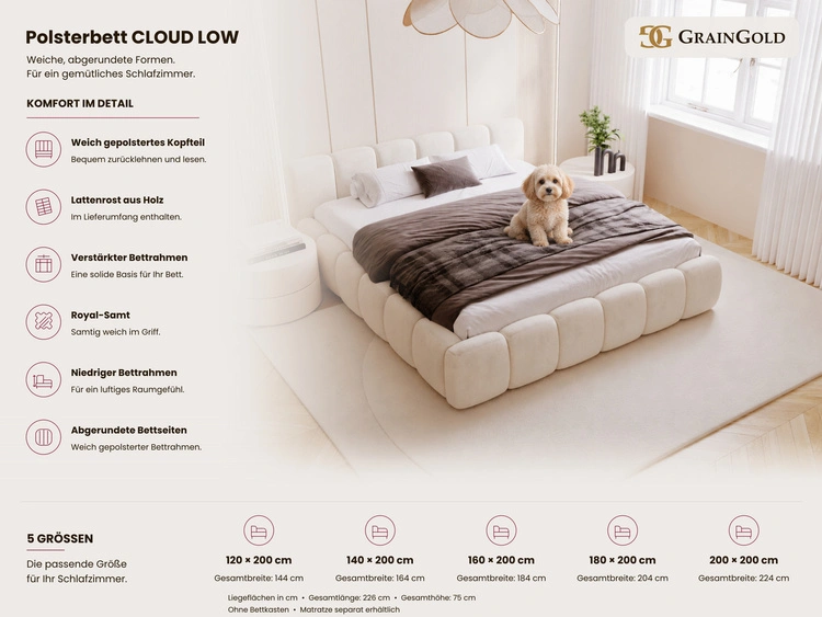 Polsterbett ohne Bettkasten mit Lattenrost 200x200 Cloud Low aus Samtstoff Braun