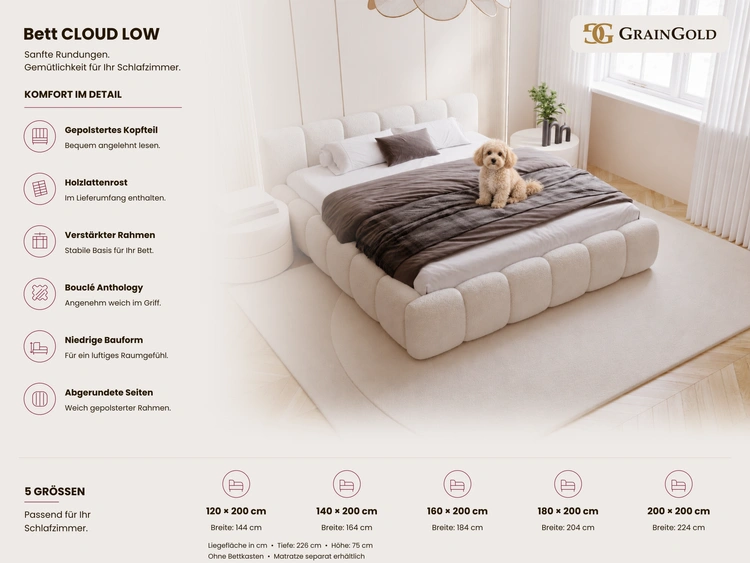 Polsterbett ohne Bettkasten mit Lattenrost 140x200 Cloud Low aus Bouclé-Stoff Beige